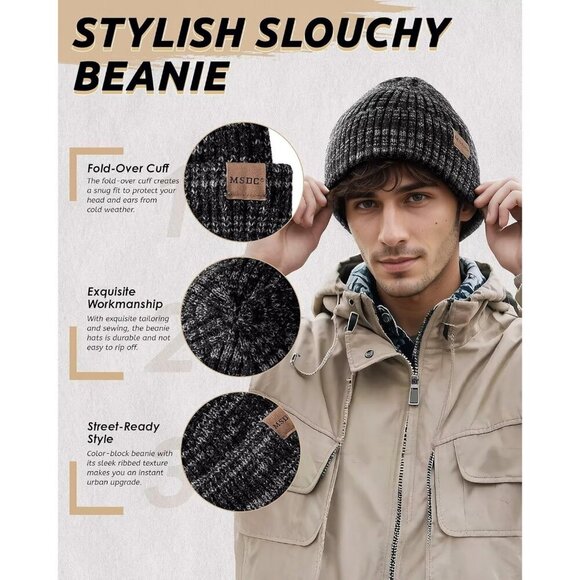 Unisex Black  Burgundy Warm Fleece-Lined Knit Beanie Skull Cap for Cold Weather